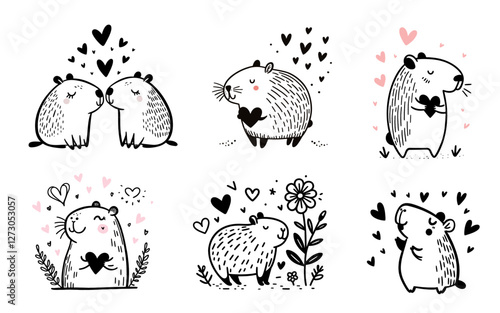 A set of six black and white drawings of animals capybaras with hearts