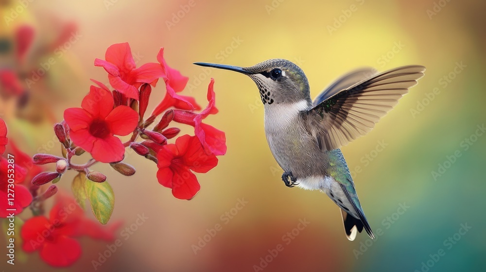 Fototapeta premium Anna hummingbird perched gracefully near a red Mandevilla flower, with its wings in motion, highlighting the bird elegance and beauty.