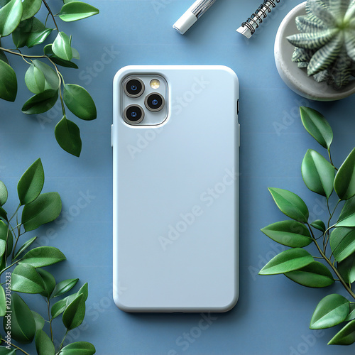 A phone case mockup lying on a desk next to a smartphone and office supplies