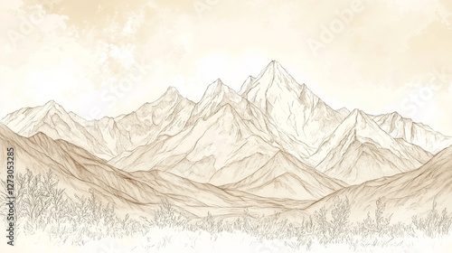 Traditional ink drawing style, majestic mountain range, delicate line work, botanical foreground elements, mountaineering art, gentle sepia tones, artistic landscape composition photo