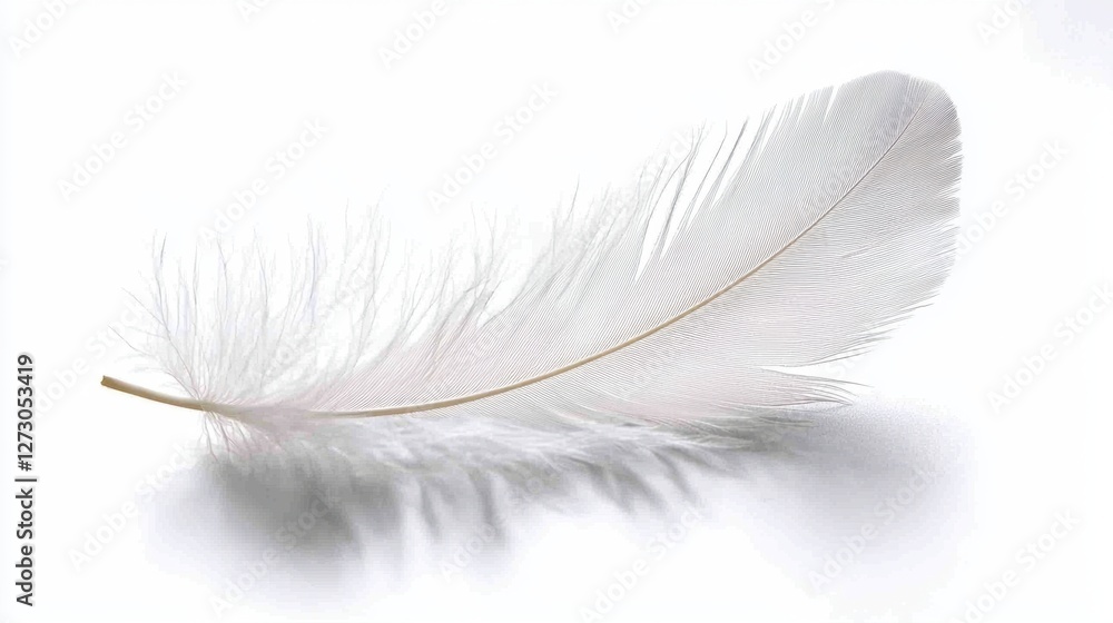 Fototapeta premium Minimalist white feather floating gently, soft shadows on a clean white surface.