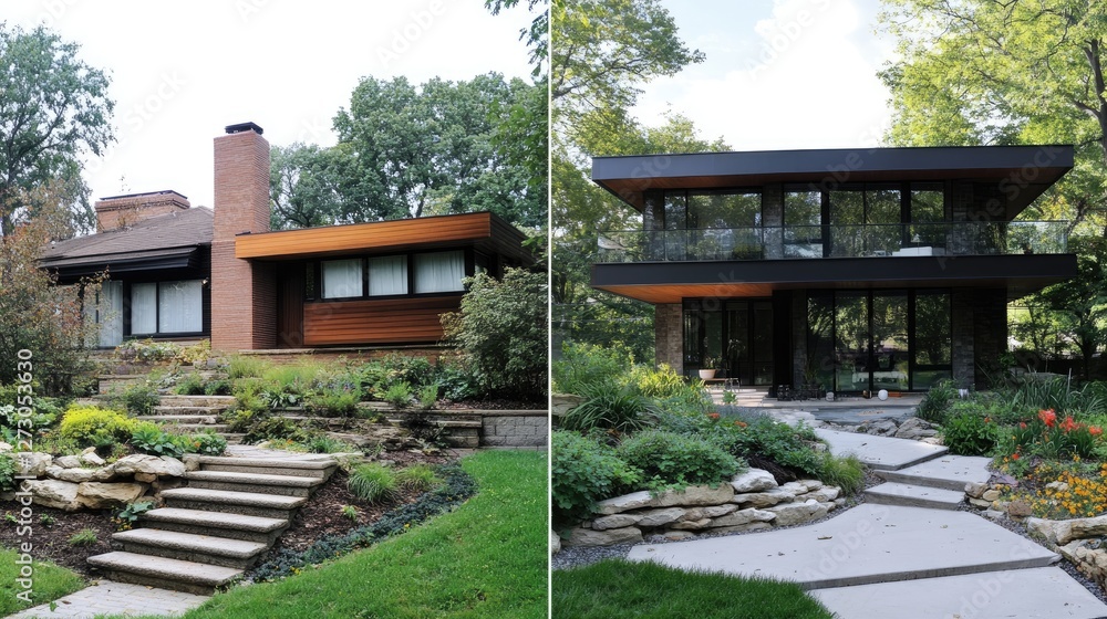 Before and after comparison of a neglected, rundown house transformed into a stunning custom home with lush landscaping and modern design elements Before and after comparison of a neglected, rundown house transformed into a stunning custom home with lush landscaping and modern design elements