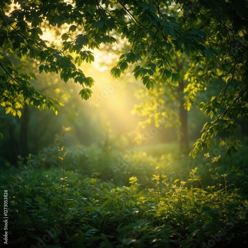 Wallpaper Mural A serene background capturing a dense forest canopy with golden sunlight filtering through lush green leaves Torontodigital.ca