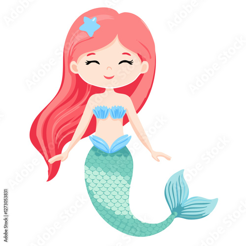 Cute mermaid vector illustration in cartoon style. Childish image of girl character living in the sea. Adorable print for clothes and design