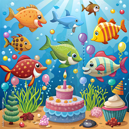Colorful Fish Celebrate a Birthday Underwater with Cake and Cupcakes.