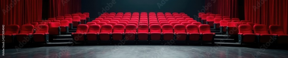 Fototapeta premium Empty red theater seats on a gray stage floor, floor, stage, flat