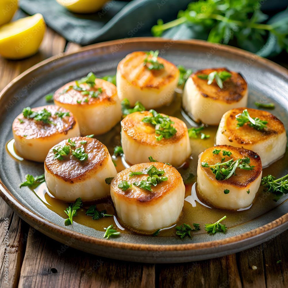Pan-Seared Scallops with Herbs and Butter Sauce on a Plate Pan-Seared Scallops with Herbs and Butter Sauce on a Plate