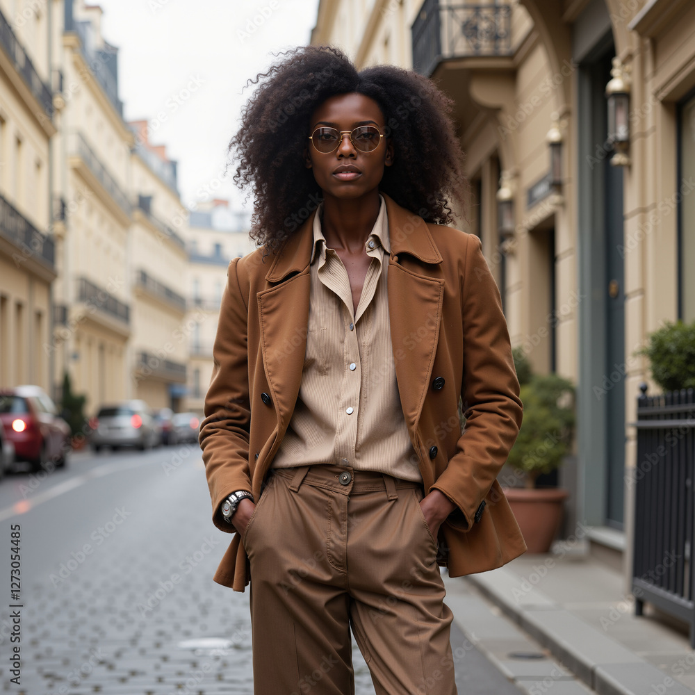 Fototapeta premium Portrait of a young African American woman in a brown suit against the backdrop of a Paris street. AI generation