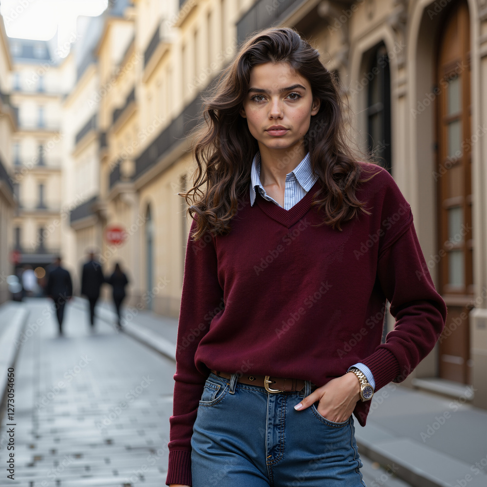 Fototapeta premium Portrait of a young brunette in a burgundy sweater against the backdrop of a Paris street. AI generation