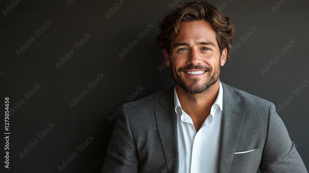 smiling brunette man dressed in formal attire posing confidently with hands in pockets against a neutral background smiling brunette man dressed in formal attire posing confidently with hands in pockets against a neutral background