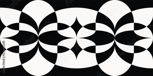 The curb is a repeating texture. Black and white seamless overlap ornament with simple curved shapes. Vector print