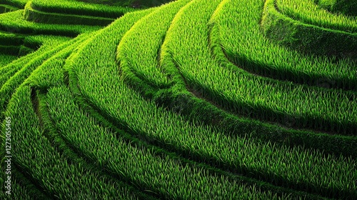 Lush green rice terraces curving gently across a hillside.