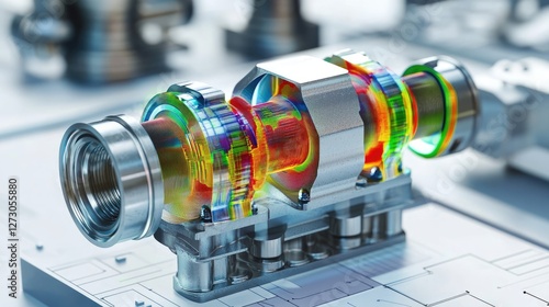 Crankshaft and pistons under FEM analysis, with a color map showing stress and strain in detailed graphical form.