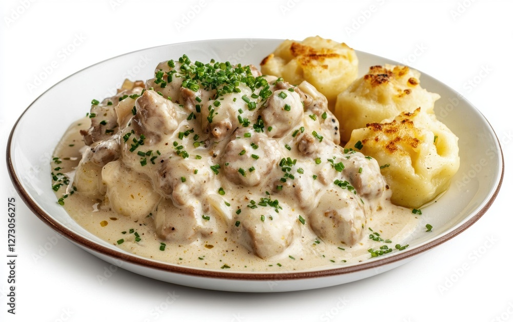 Hovering plate of Czech sv�?ková with creamy sauce and dumplings, isolated on a white background Hovering plate of Czech sv�?ková with creamy sauce and dumplings, isolated on a white background