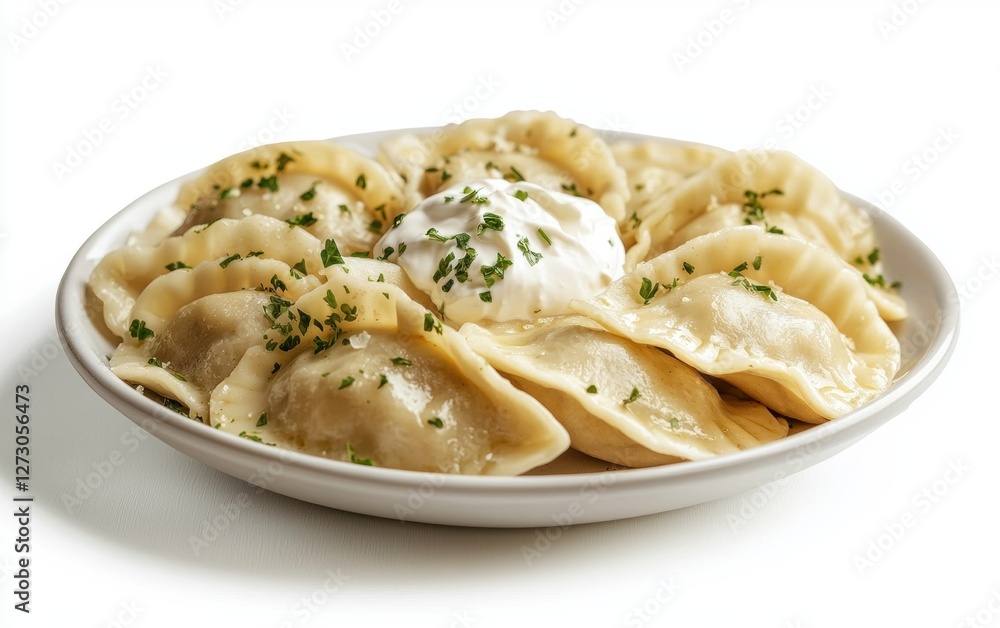 Hovering plate of Polish pierogi dumplings with sour cream, isolated on a white background Hovering plate of Polish pierogi dumplings with sour cream, isolated on a white background
