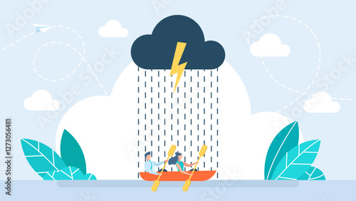 A man and a woman on a boat got caught in a storm. Man and woman are scared and dont know what to do. Dangerous situation in ocean. Crisis in relationships or family budget. Vector illustration