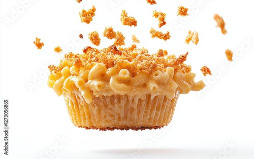 Levitating baked mac and cheese with crispy topping, isolated on a white background