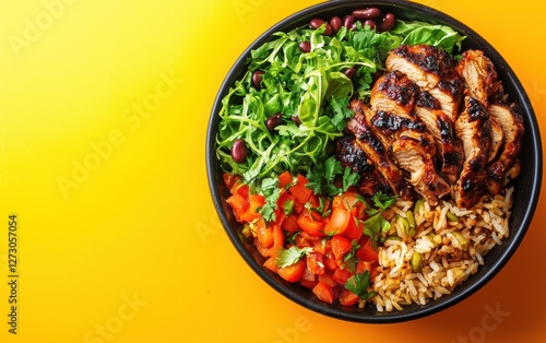 Levitating bowl of Caribbean jerk chicken with rice and beans, isolated on a bright background