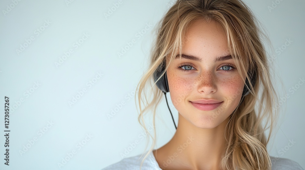 smiling young blonde woman working as a customer service representative with a headset isolated on a clean white background providing professional assistance in a modern office environment smiling young blonde woman working as a customer service representative with a headset isolated on a clean white background providing professional assistance in a modern office environment