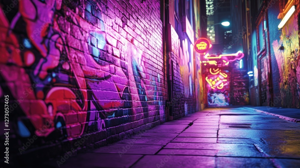 Fluorescent lights illuminate neon graffiti on a city alley wall, creating a stunning and bold street art scene filled with bright, artistic expression. Fluorescent lights illuminate neon graffiti on a city alley wall, creating a stunning and bold street art scene filled with bright, artistic expression.
