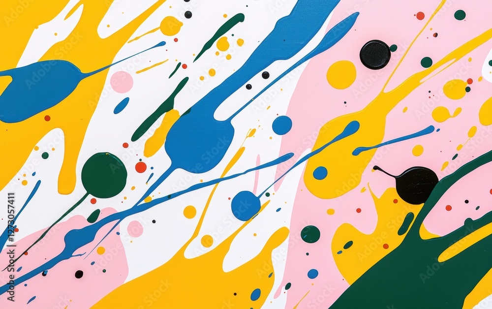 Fototapeta premium Playful paint splashes in vibrant shades of pink, yellow, blue, and green, scattered in a random artistic pattern on a bright background