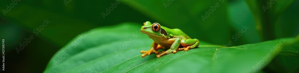 Green tree frog with brown spots resting on a large leaf, brown spots, nature Green tree frog with brown spots resting on a large leaf, brown spots, nature
