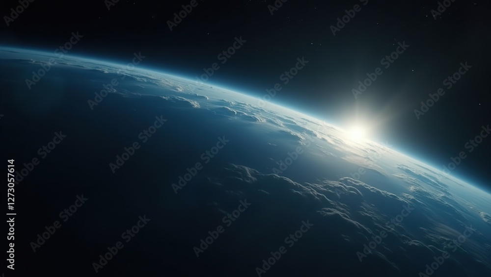 Fototapeta premium Earth suspended in the vast, inky blackness of space featuring a photorealistic, evoking a sense of nostalgia and timelessness.