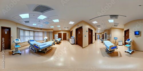 Full 360 degrees seamless spherical panorama HDRI equirectangular projection of hospital interior with adjustable beds. Texture environment map for lighting and reflection source rendering 3d scenes.