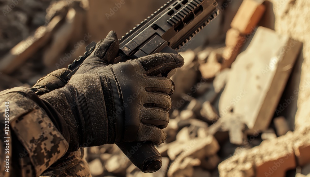 Fototapeta premium Strong and determined military commando in tactical body armor, gripping weapon, warzone setting with debris and abandoned structures, cinematic lighting