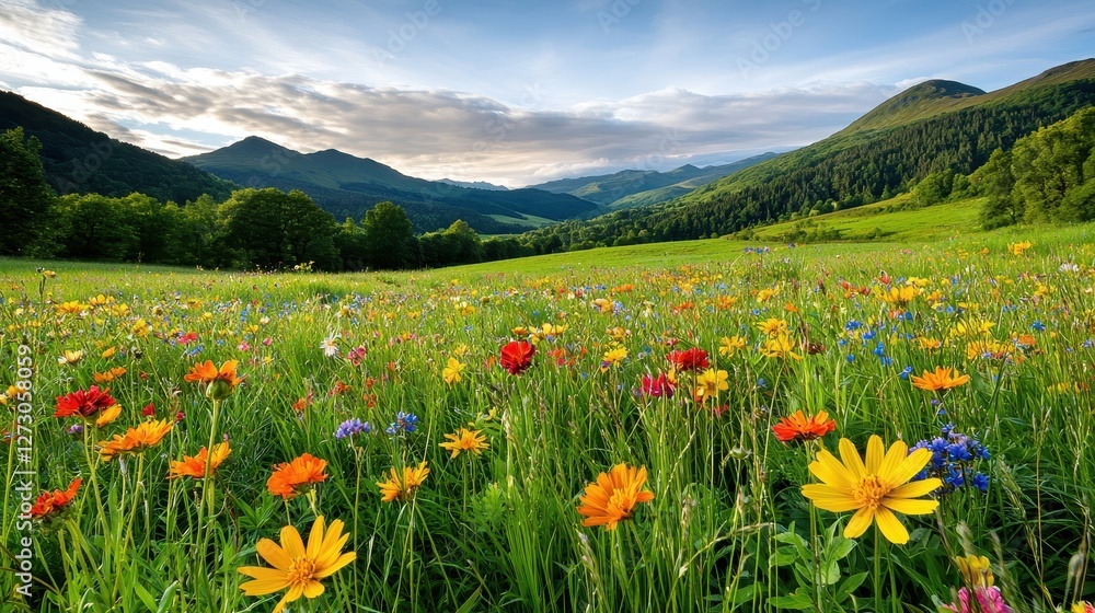 Obraz premium Vivid wildflower meadow stretches towards the rolling green mountain landscape