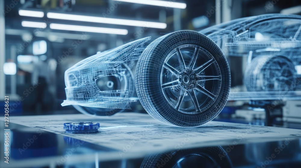 Obraz premium Holographic car parts, including a wireframe tire, floating above a blueprint, emphasizing the integration of innovation and technology in automotive design.