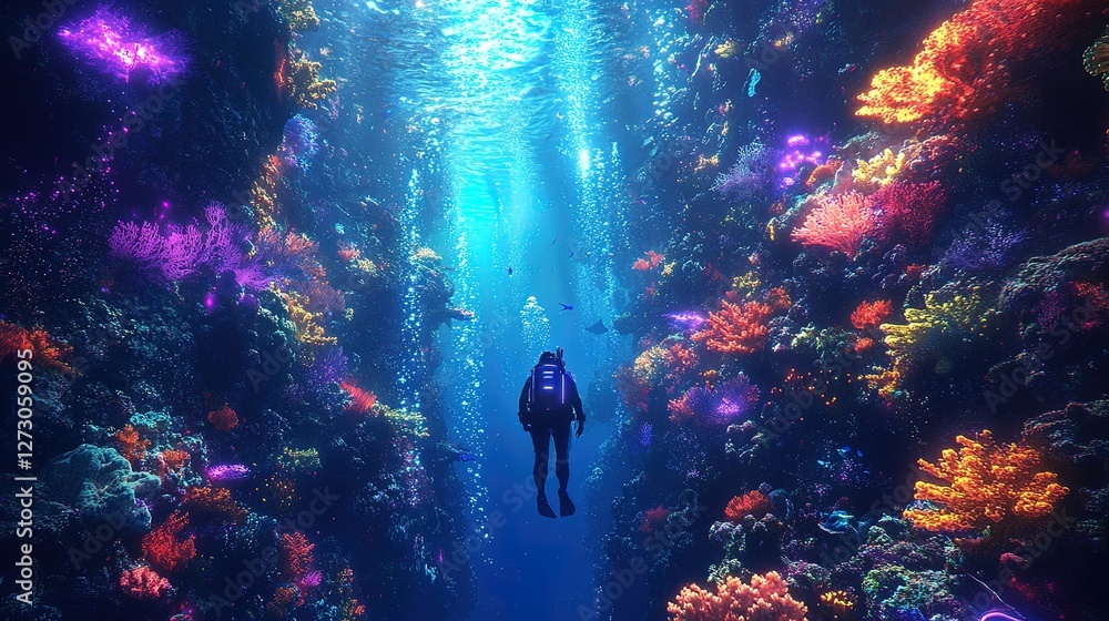 A surreal underwater world where coral reefs glow bioluminescent hues, a diver with futuristic equipment A surreal underwater world where coral reefs glow bioluminescent hues, a diver with futuristic equipment