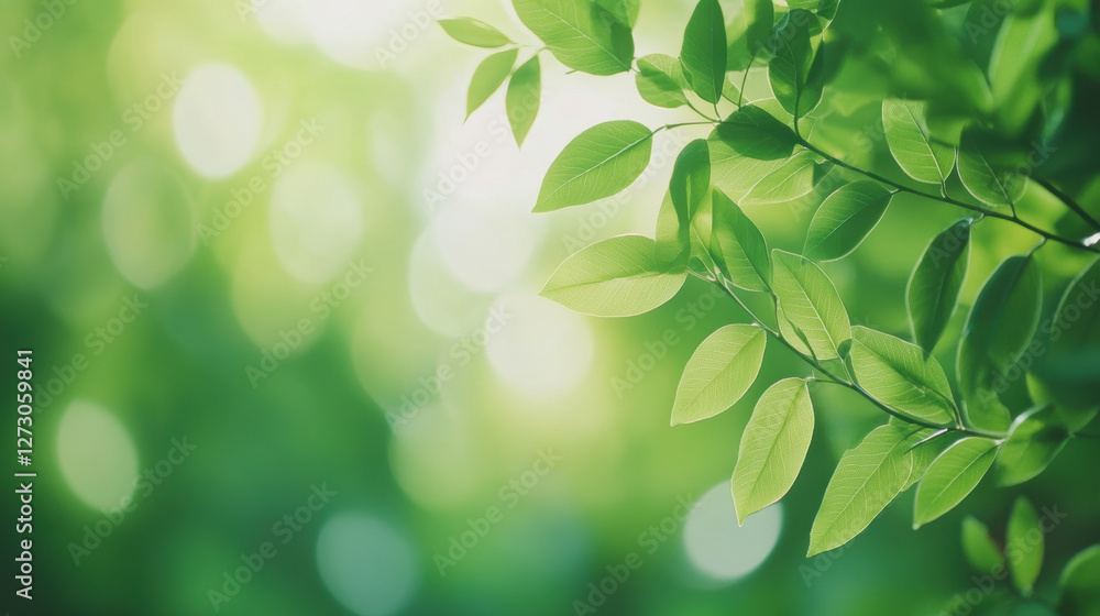 Vibrant green leaves with sunlight bokeh creating serene natural atmosphere in fresh spring scene Vibrant green leaves with sunlight bokeh creating serene natural atmosphere in fresh spring scene