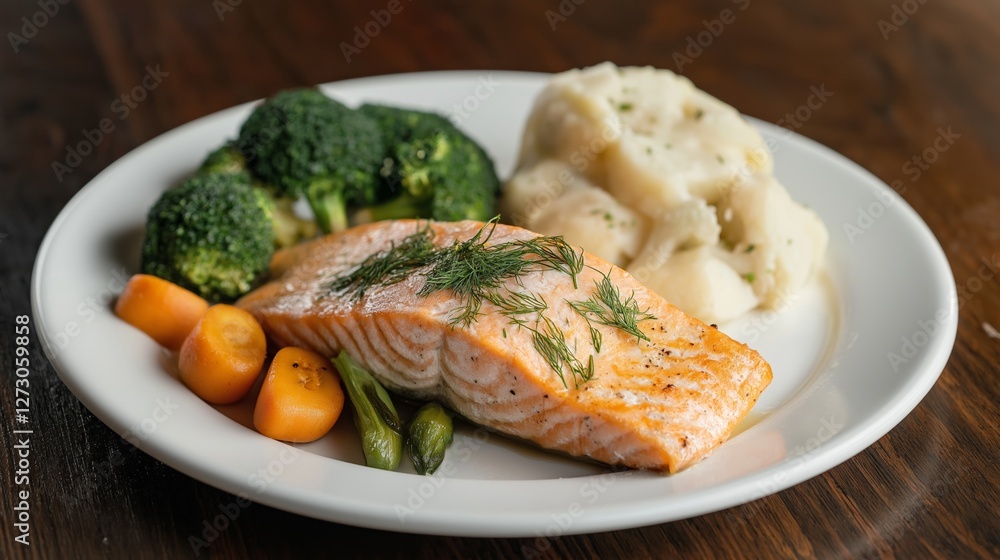 Healthy dinner featuring grilled salmon, steamed broccoli, and mashed potatoes served on a white plate Healthy dinner featuring grilled salmon, steamed broccoli, and mashed potatoes served on a white plate