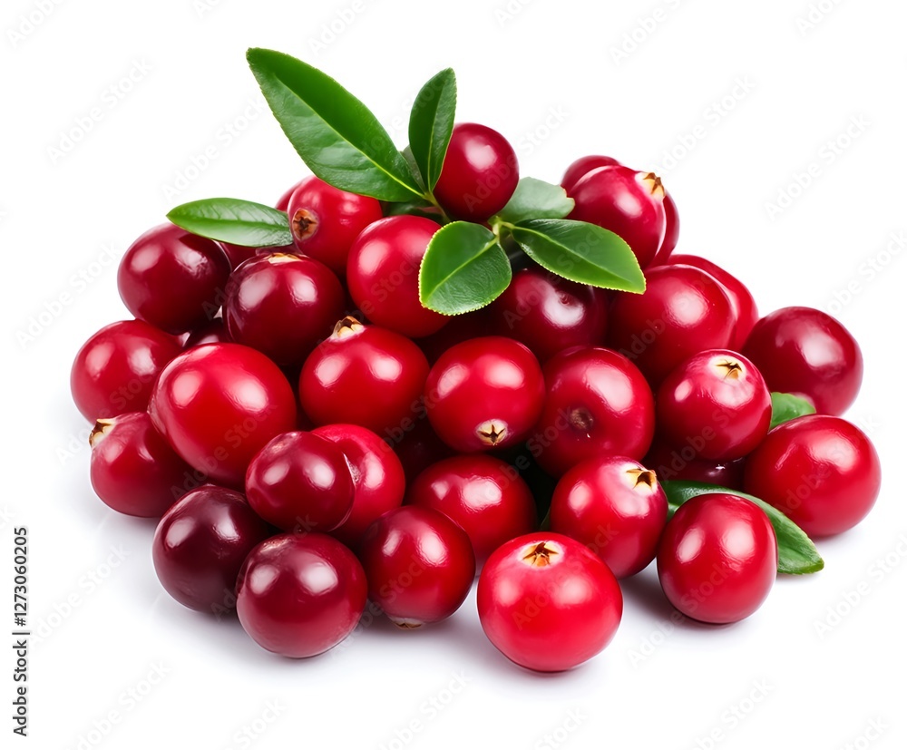 Luscious Cranberries with vibrant green leaves, isolated on white. Freshness personified! Luscious Cranberries with vibrant green leaves, isolated on white. Freshness personified!