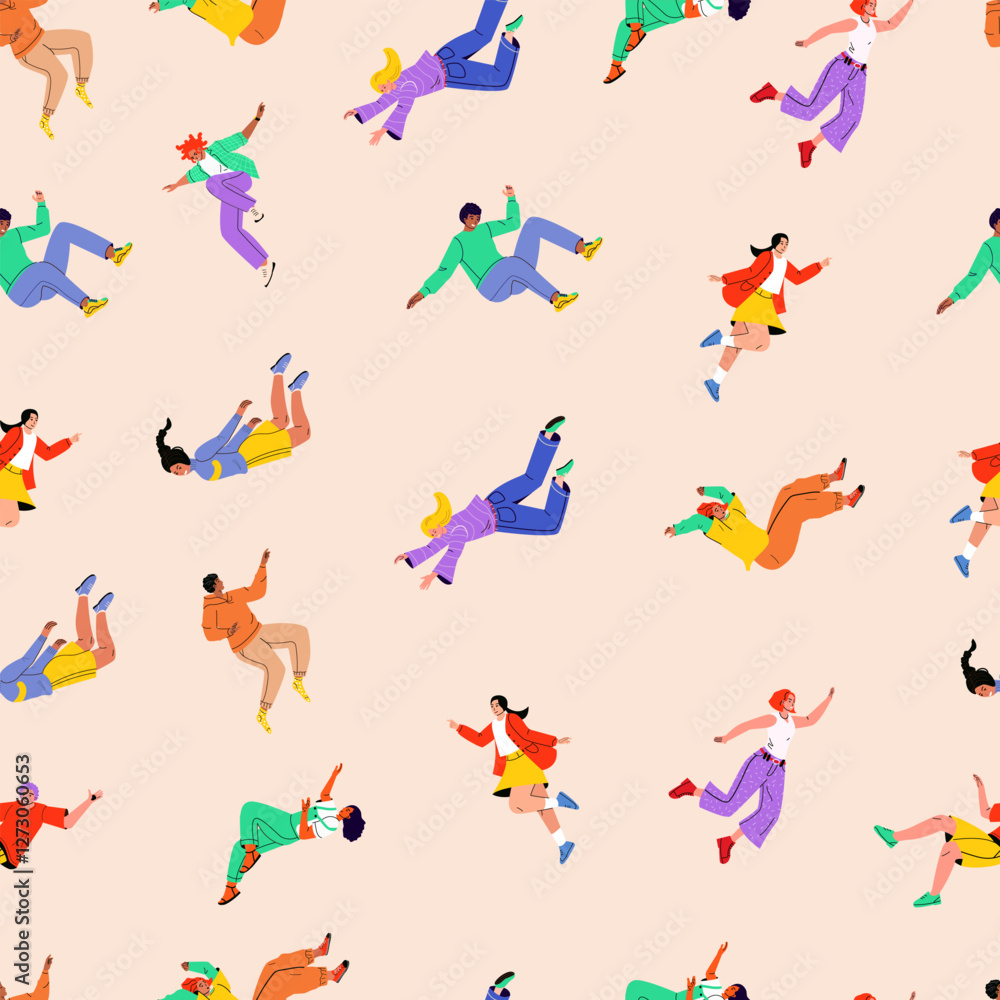 Obraz premium Colorful pattern with flying stylish people. Multi-ethnic community. Movement in air, falling young characters in different poses, hovering and soaring, happy guys and girls