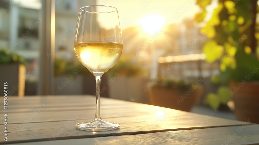 Sunset view with a glass of white wine on a wooden table in an outdoor setting Sunset view with a glass of white wine on a wooden table in an outdoor setting