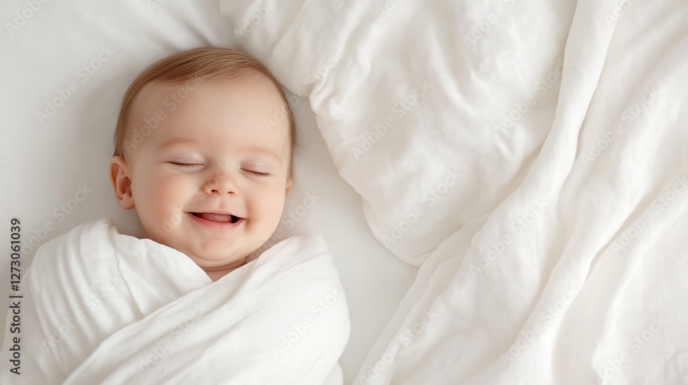 Baby smiling while swaddled in a white blanket on a soft bed in a cozy room during daylight hours Baby smiling while swaddled in a white blanket on a soft bed in a cozy room during daylight hours