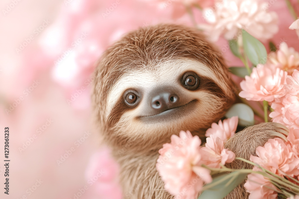 Fototapeta premium Adorable sloth surrounded by pink blossoms creating a whimsical and serene nature portrait