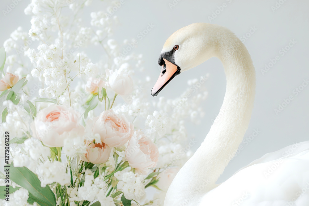 Obraz premium Graceful swan with soft pastel flowers in serene elegant setting for nature and tranquility concept
