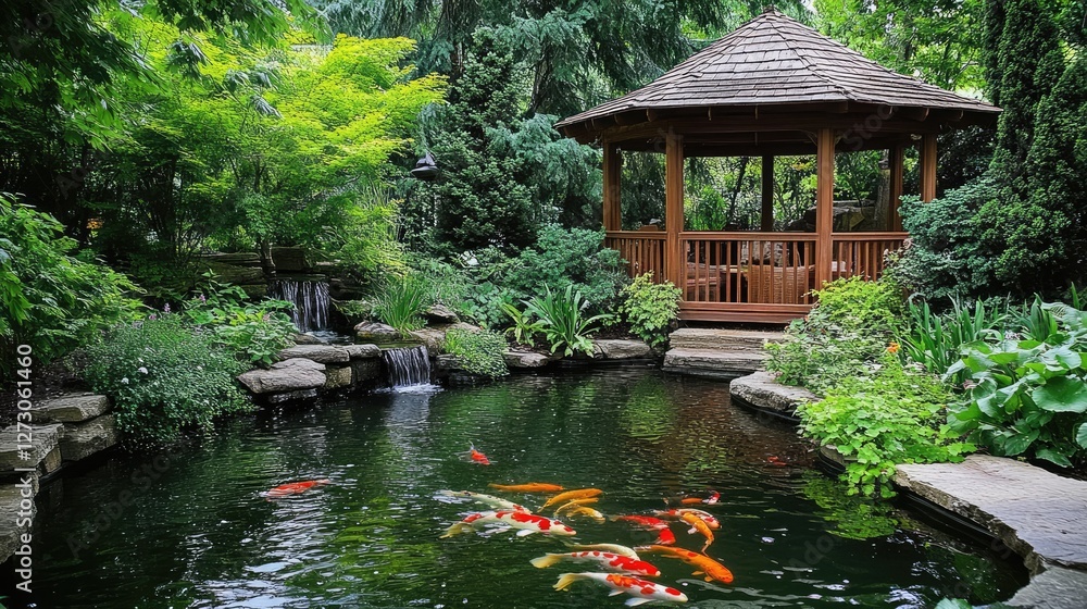 Serene garden pavilion by a koi pond, surrounded by rich, green foliage, evoking a sense of peace and tranquility in a beautiful outdoor setting. Serene garden pavilion by a koi pond, surrounded by rich, green foliage, evoking a sense of peace and tranquility in a beautiful outdoor setting.