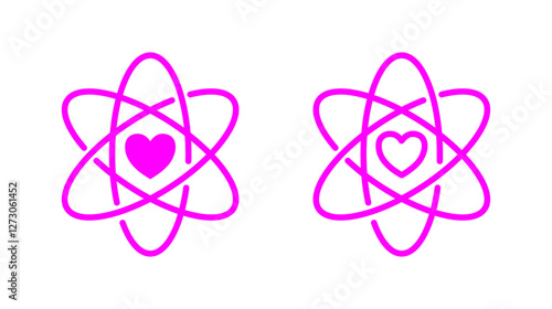 Abstract Atomic Icons with Heart Center in Vibrant Pink on White Background