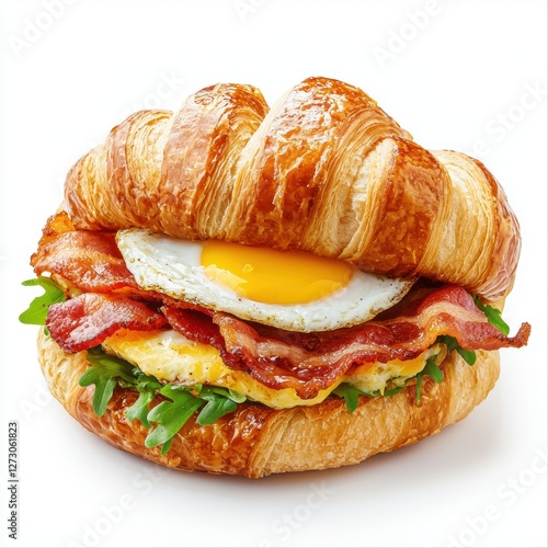 Buttery croissant breakfast sandwich with eggs and bacon isolated on white