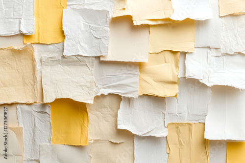 Textured yellow and white paper collage with layered torn sheets for abstract artistic background design photo