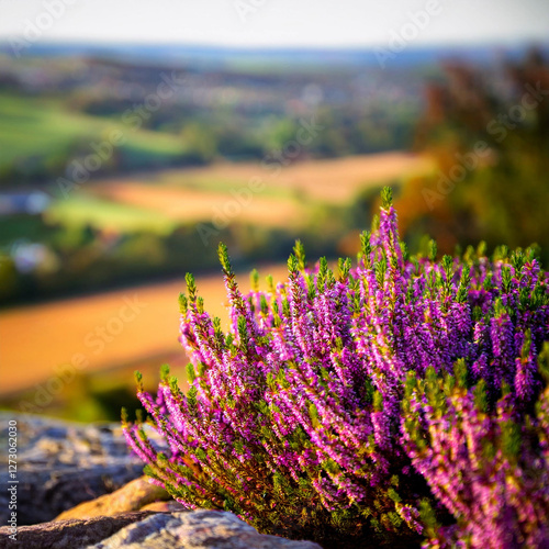 A close-up of a vibrant cluster of purple heather flowers.  The flowers are a deep, rich purple, with numerous small, tightly grouped blooms.  