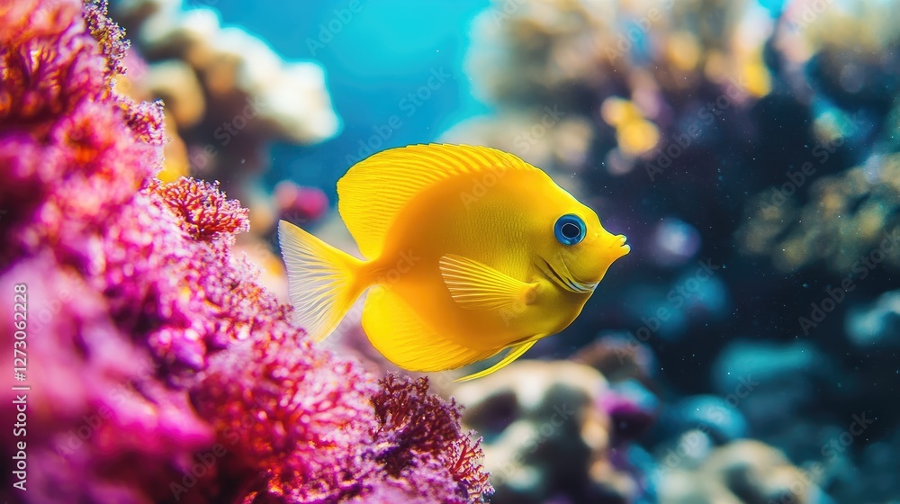 Fototapeta premium Stunning vibrant yellow fish darting through a colorful coral reef, illustrating the wonders of marine biodiversity and ocean ecosystems.