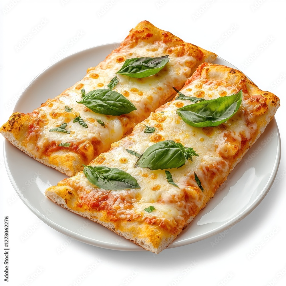 Classic Margherita pizza with melted cheese and fresh basil on a white plate isolated on white Classic Margherita pizza with melted cheese and fresh basil on a white plate isolated on white