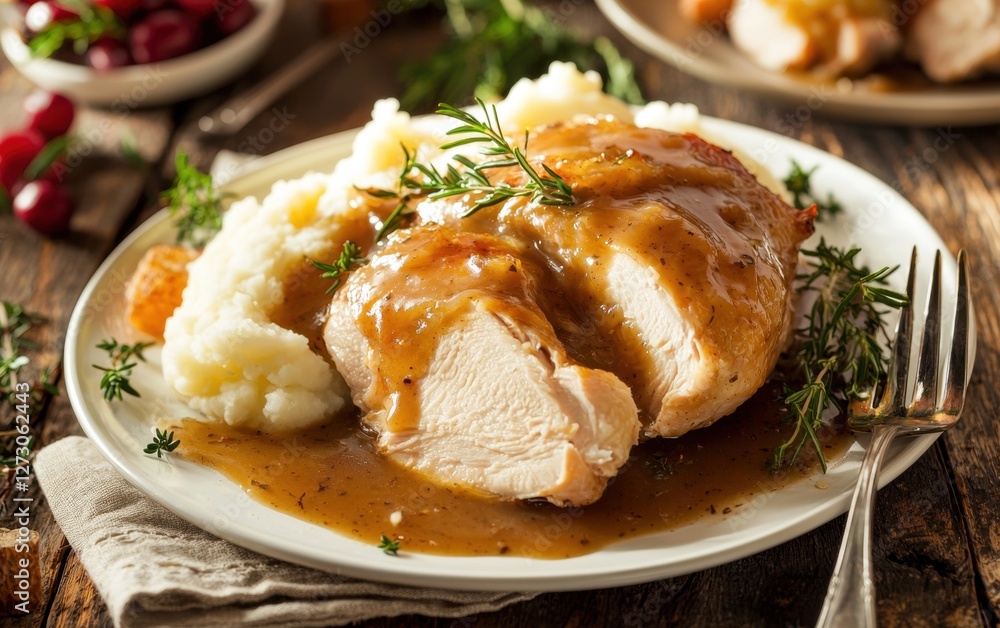 Classic roast chicken with mashed potatoes and gravy on a white plate