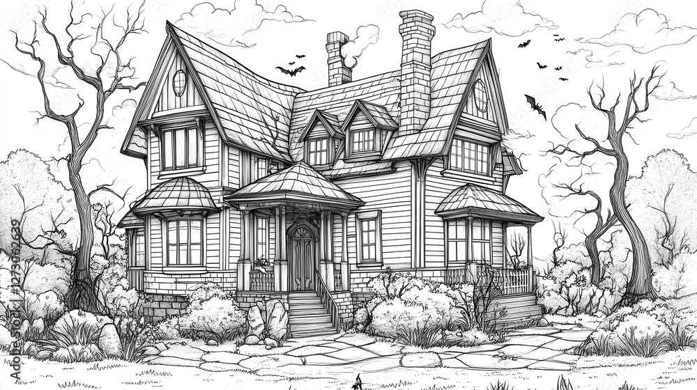 Obraz premium spooky haunted mansion and mystic fairytale house halloween themed vector coloring page for children fantasy black and white contour illustration