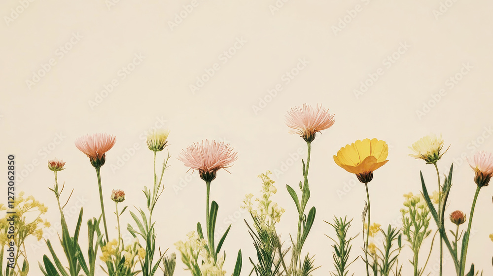 Fototapeta premium A serene photograph of blooming wildflowers in pale yellow and dusty pink hues, with natural green foliage peeking through